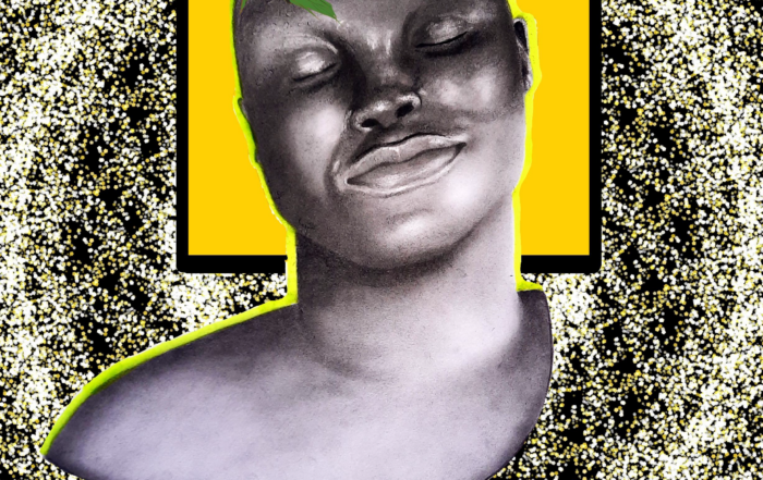 A digital graphic image of the chest and neck of a beautiful person with sunflowers growing from the top of their head, by Temi OG