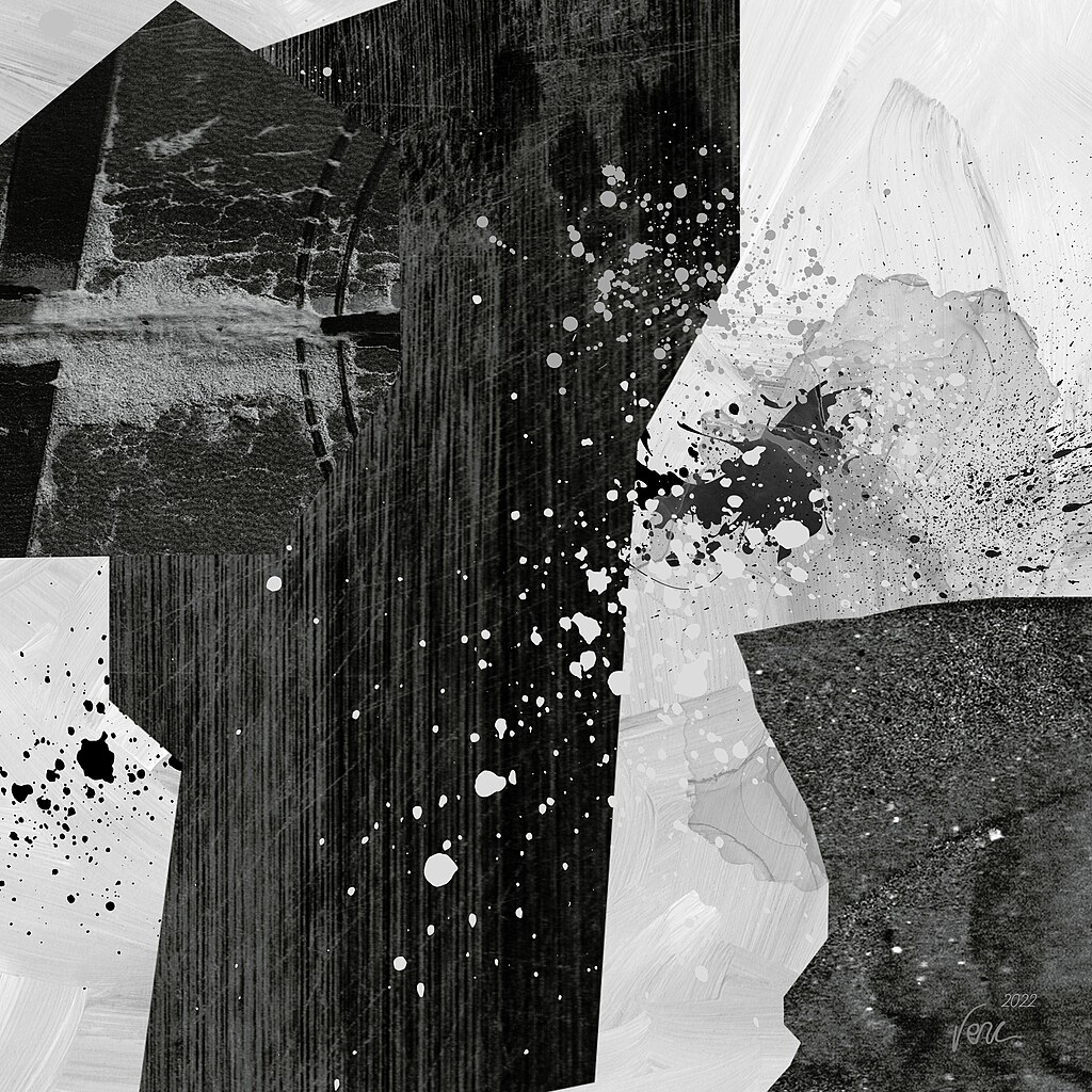 A black and white collage created with oil paints