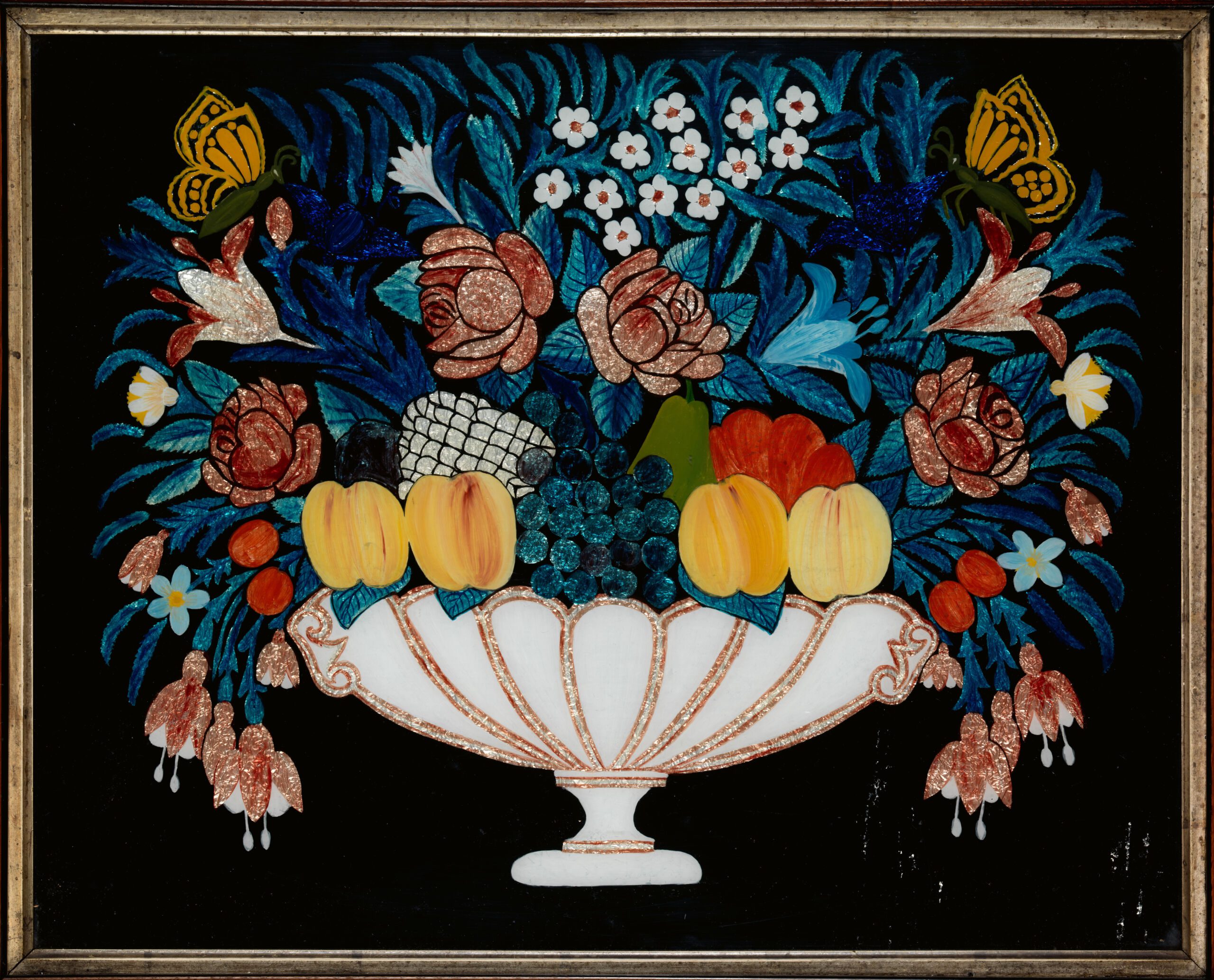 A still-life painting of fruit and flowers in a white bowl against a black background