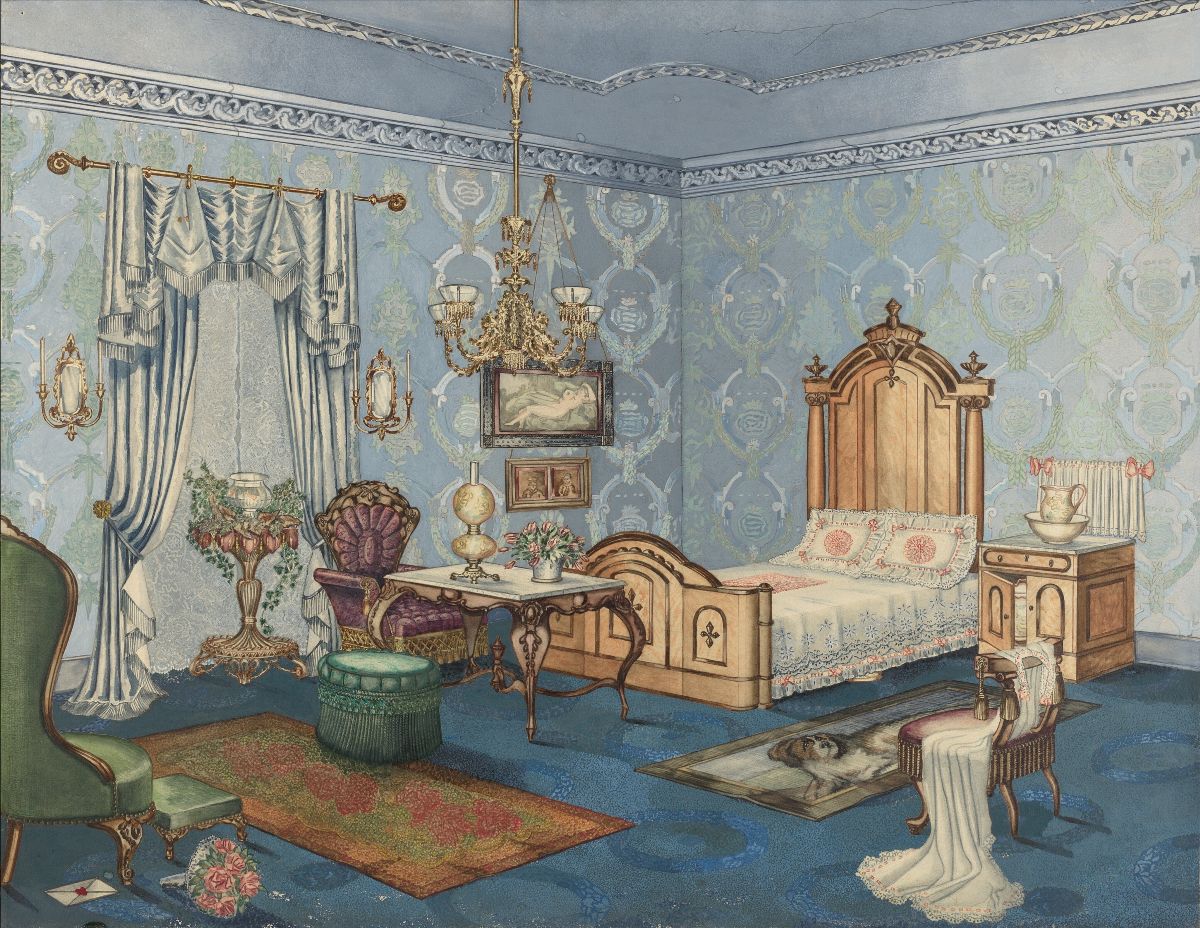 A classical painting of a bedroom from the early 1800s with blue walls, a chandelier, and a large wooden bed frame