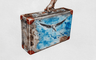 A watercolor drawing of a suitcase with a white bird painted on it