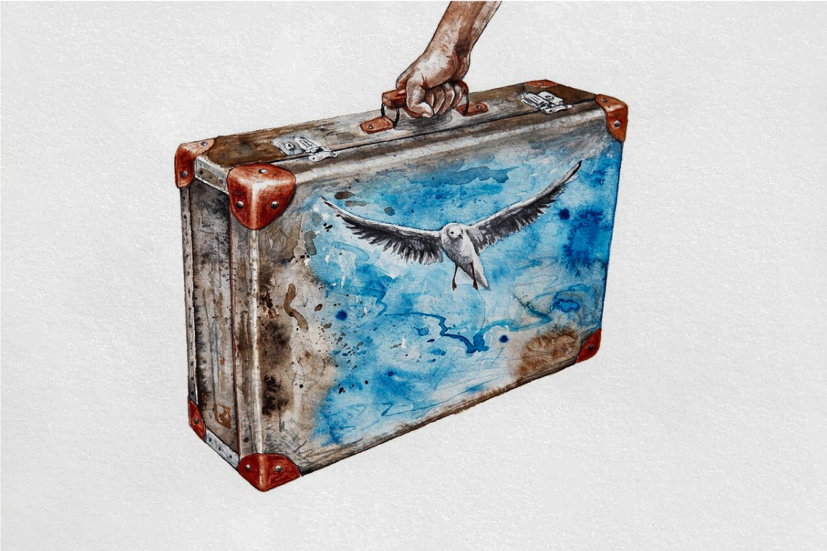 A watercolor drawing of a suitcase with a white bird painted on it