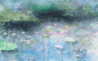 A water color pond with green, blue, and pink