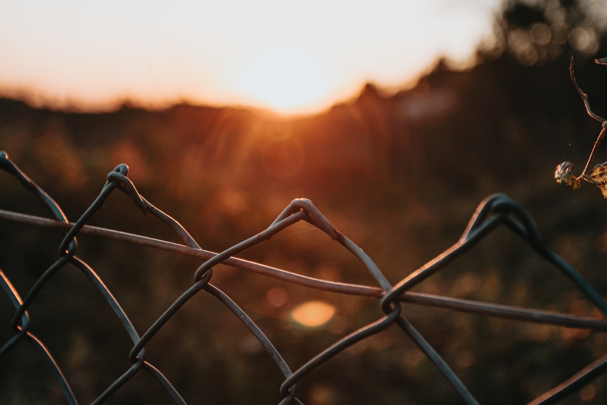 a metal fence with a sunset behind it